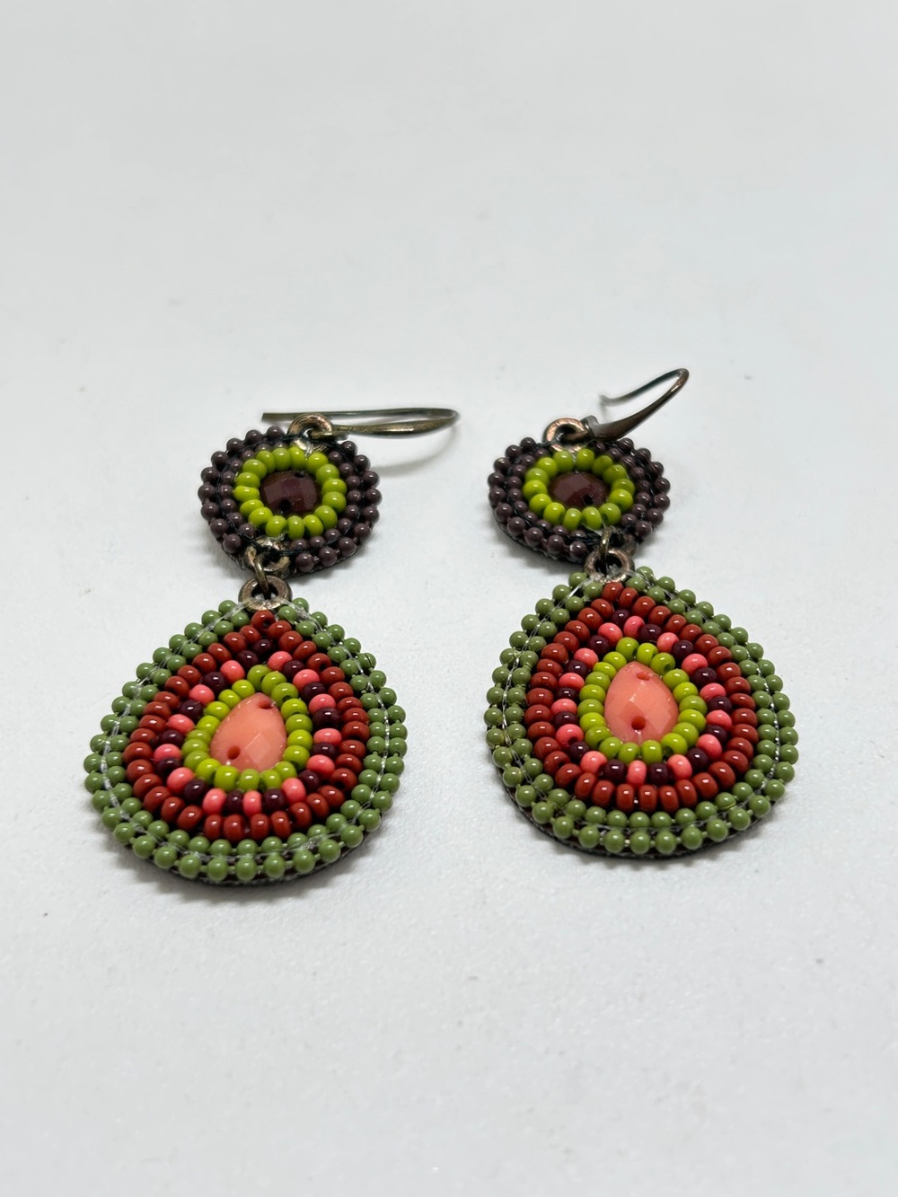 Vintage Avocado Green, Purple And Coral Beaded Earrings, Dangly, Wires